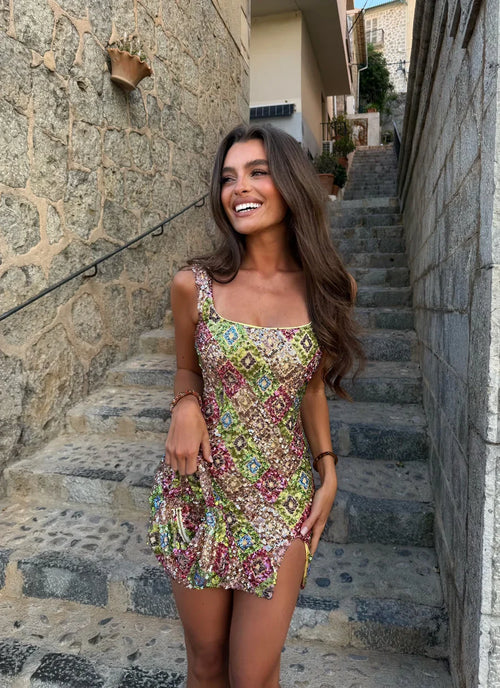 Lisa Sequin Mini Dress in Green