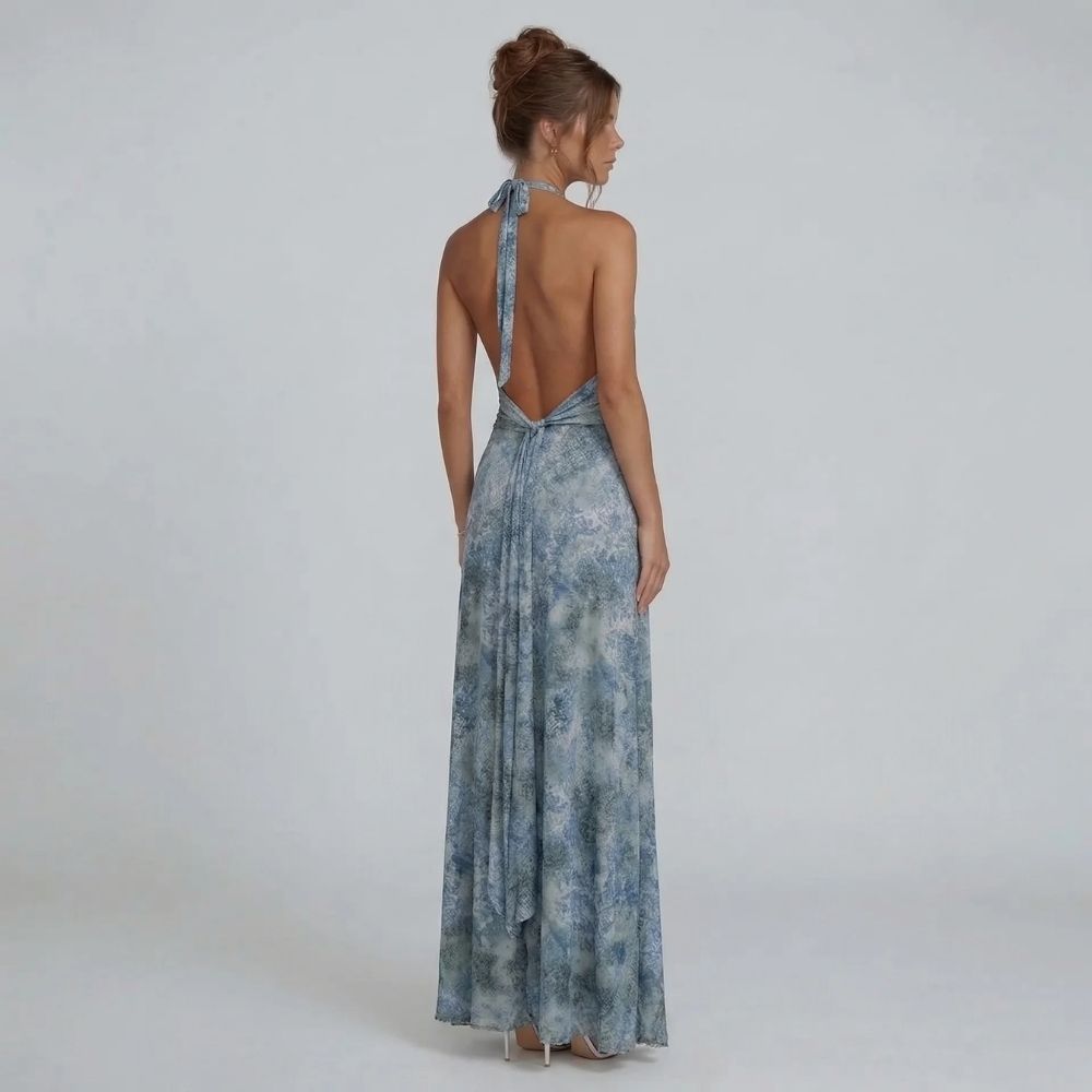Blue printed halter maxi dress — back view showcasing a dramatic open back and tied halter neckline.