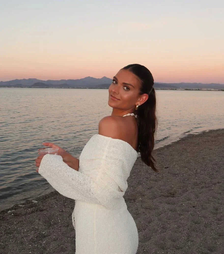 Liz Off-Shoulder Bodycon Sweater in White