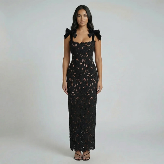 Black floral lace maxi dress with velvet bow straps—front view showing sweetheart neckline.