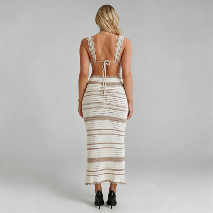 Beige striped crochet-knit midi set with scalloped hem — back view highlighting the adjustable tie-back design.