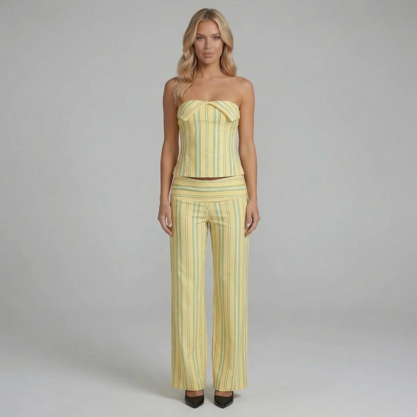Cream striped pants set with strapless corset-style top — worn front view.