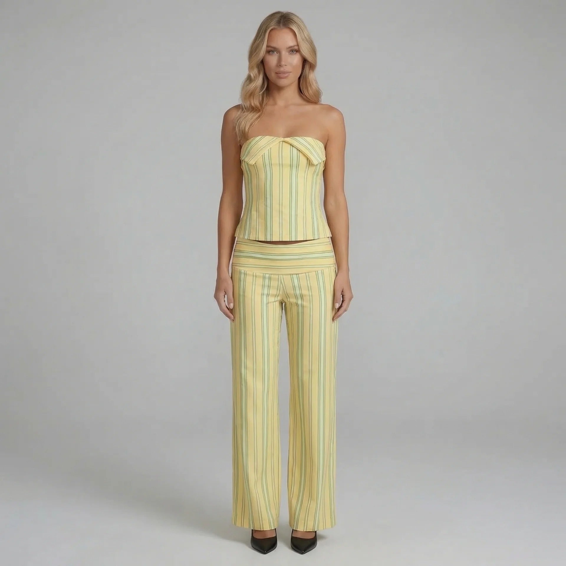 Cream striped pants set with strapless corset-style top — worn front view.