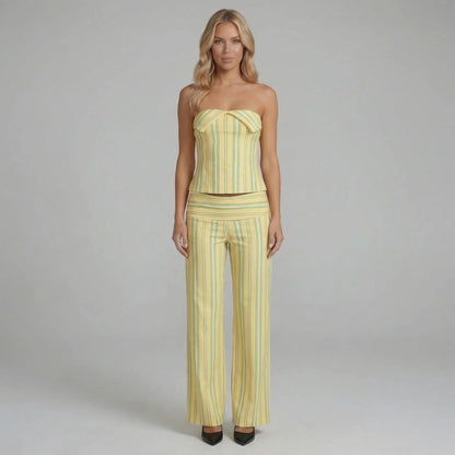 Cream striped pants set with strapless corset-style top — worn front view.
