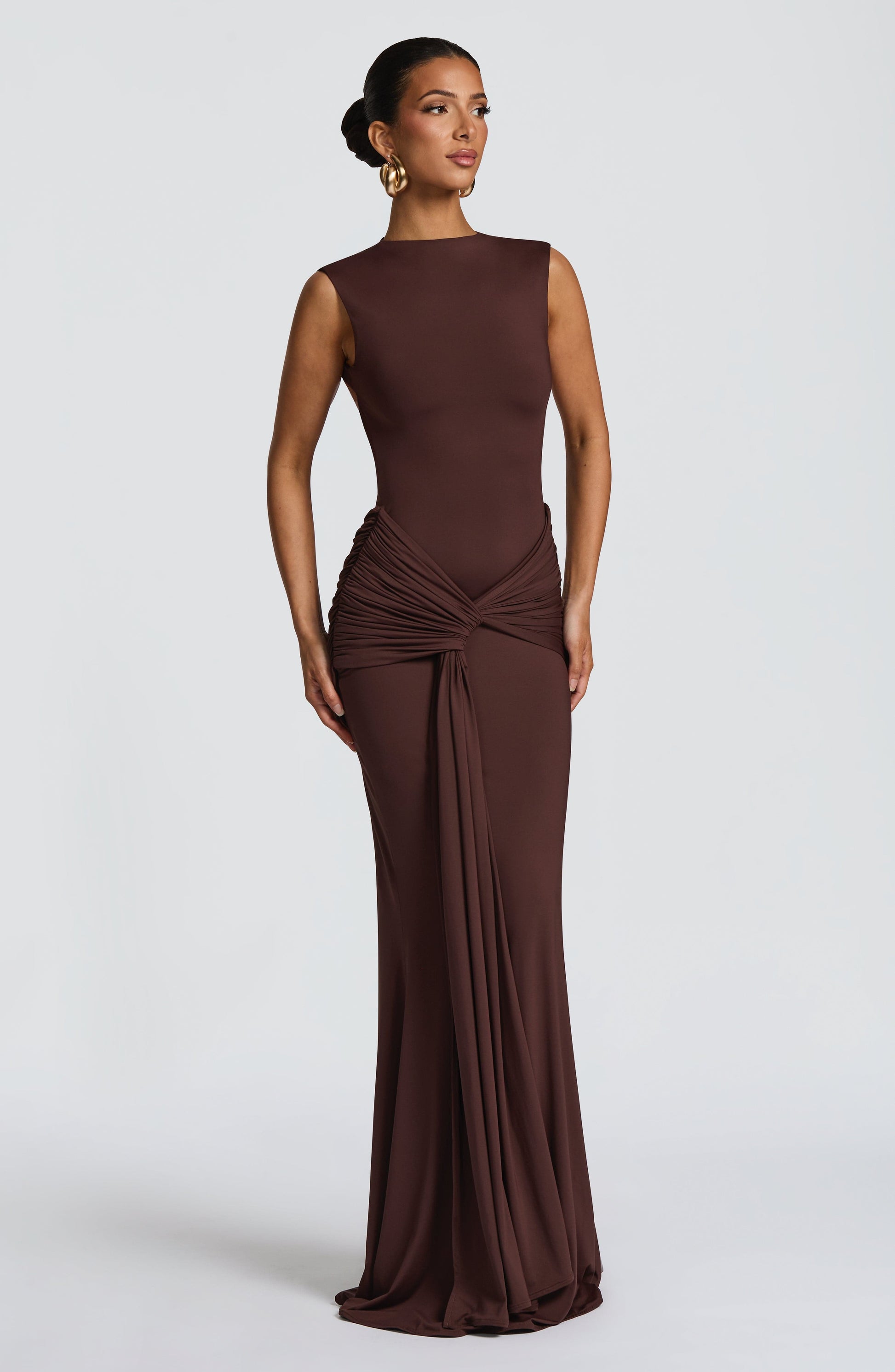 Women ruched maxi dress, back view
