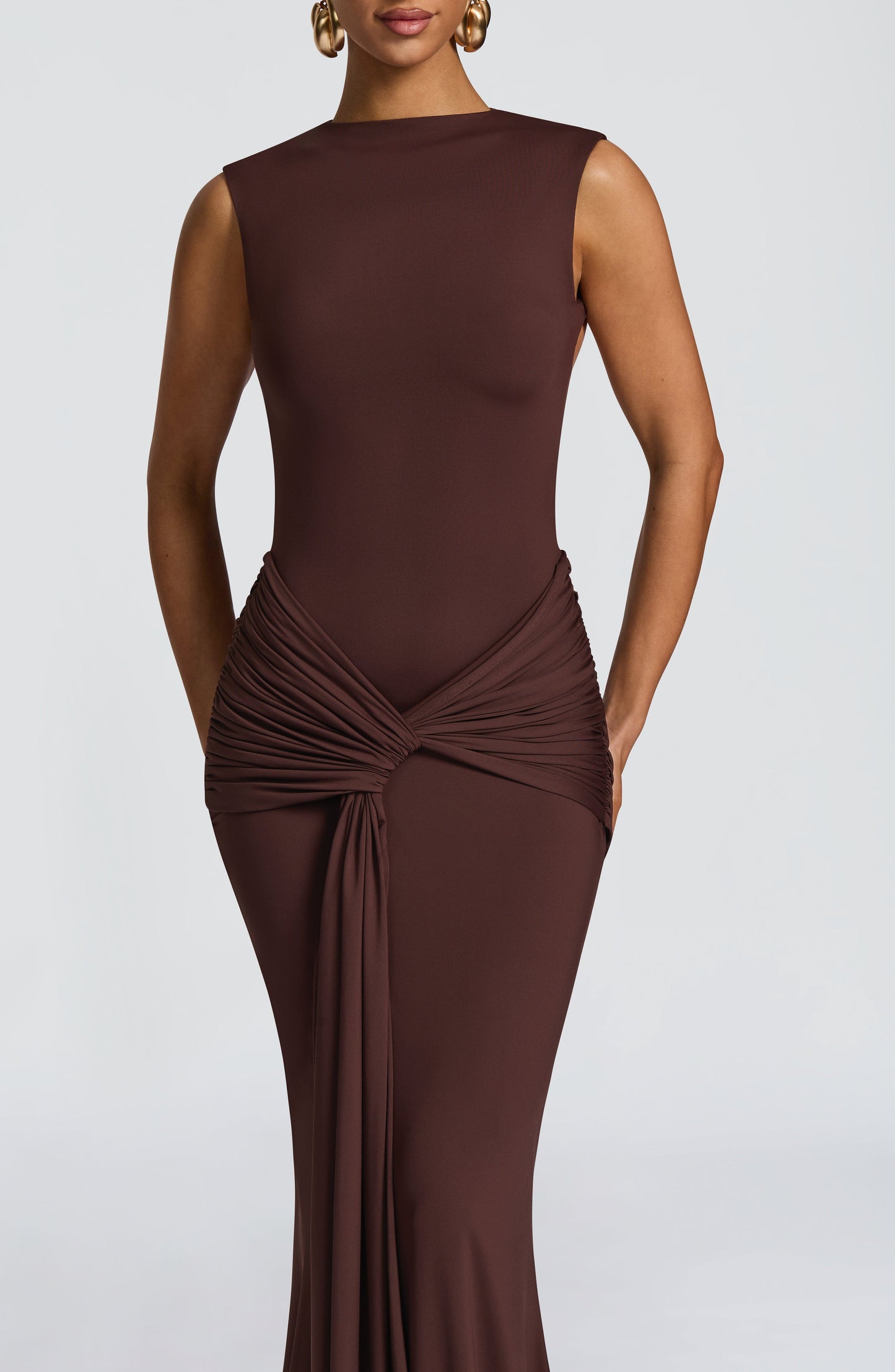 Women ruched maxi dress, side view