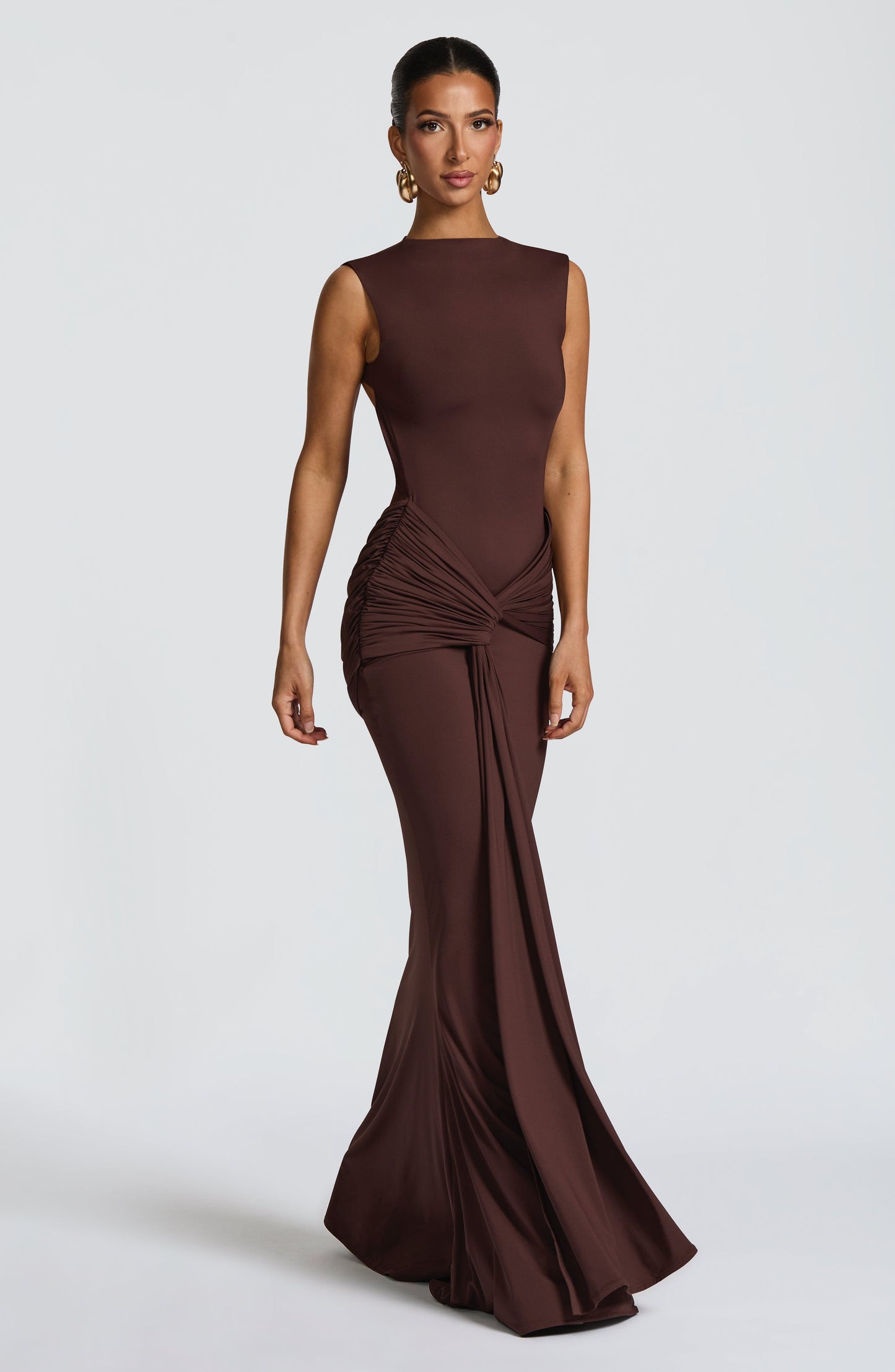 Women ruched maxi dress, detail close-up