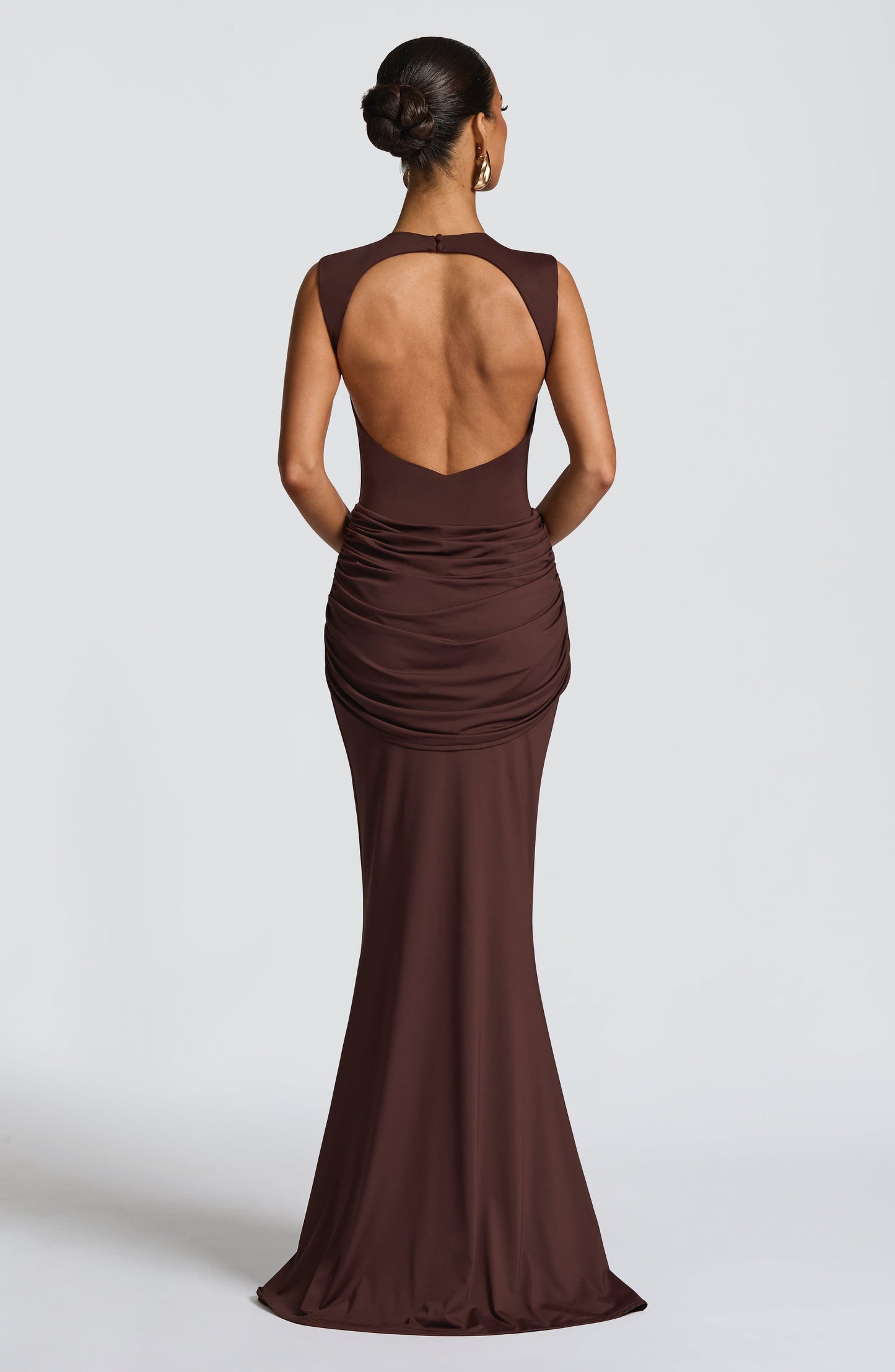 Women ruched maxi dress, front view