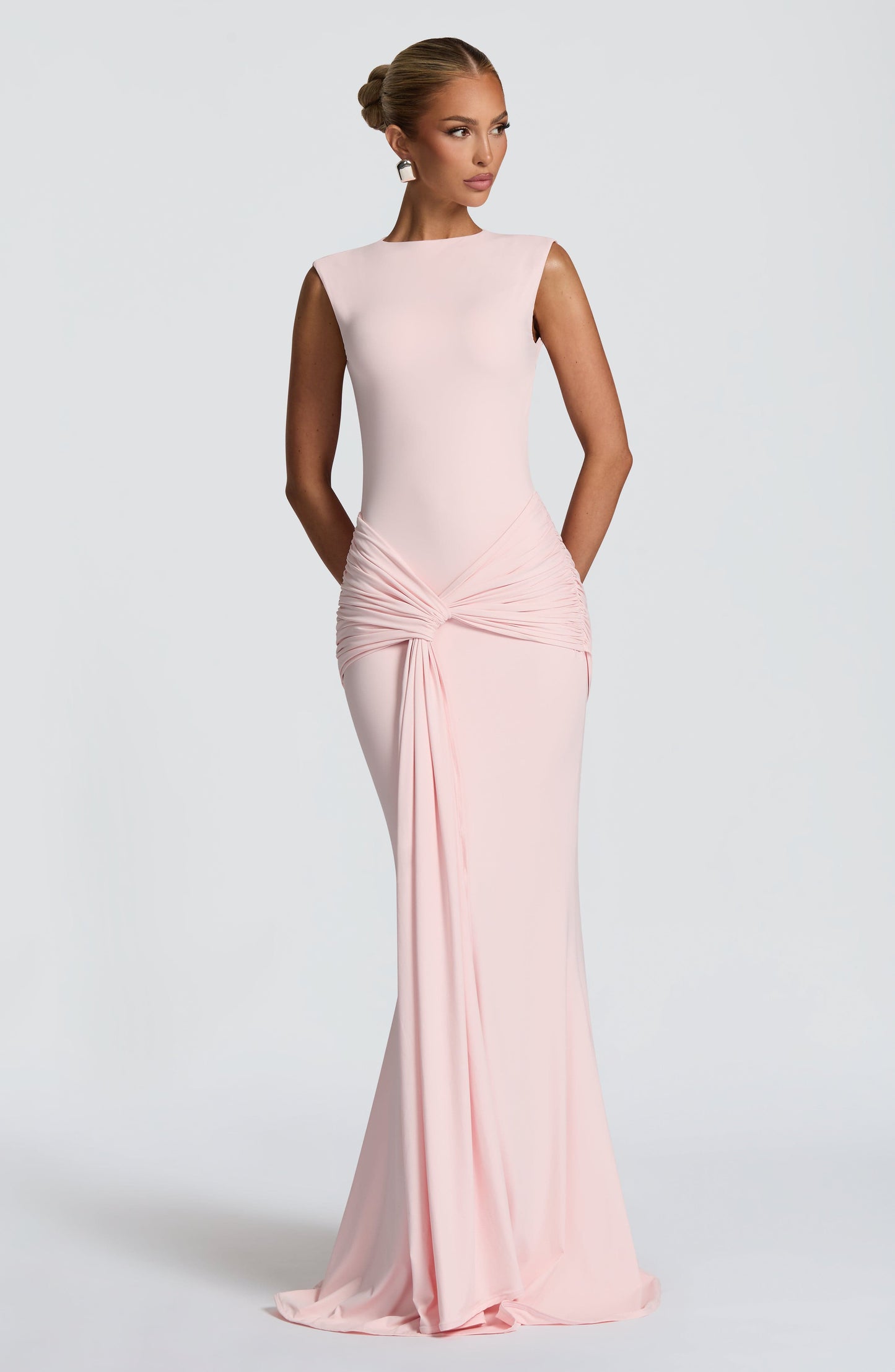 Women ruched maxi dress, back view