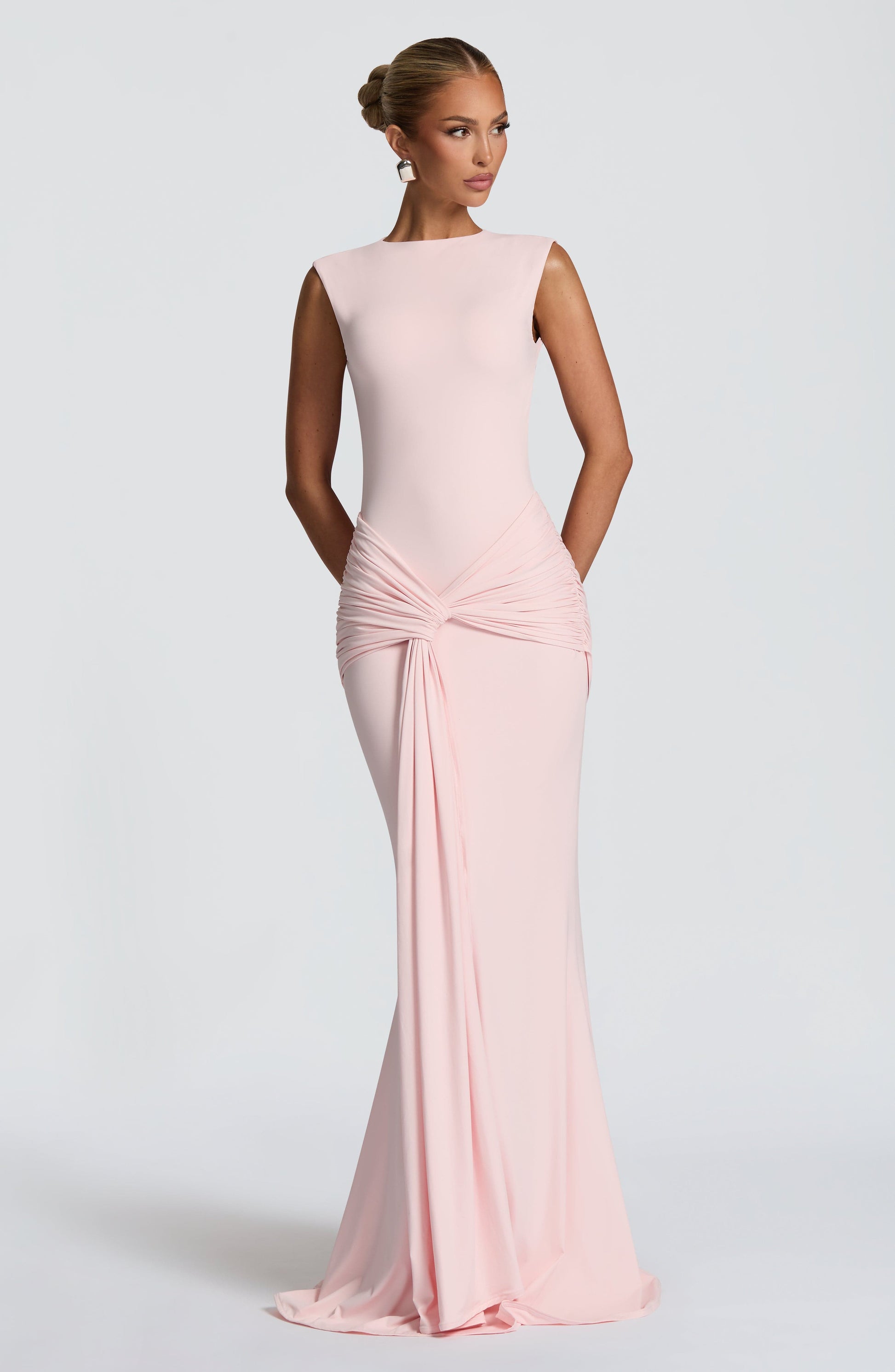 Women ruched maxi dress, back view