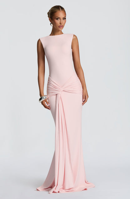 Women ruched maxi dress, side view