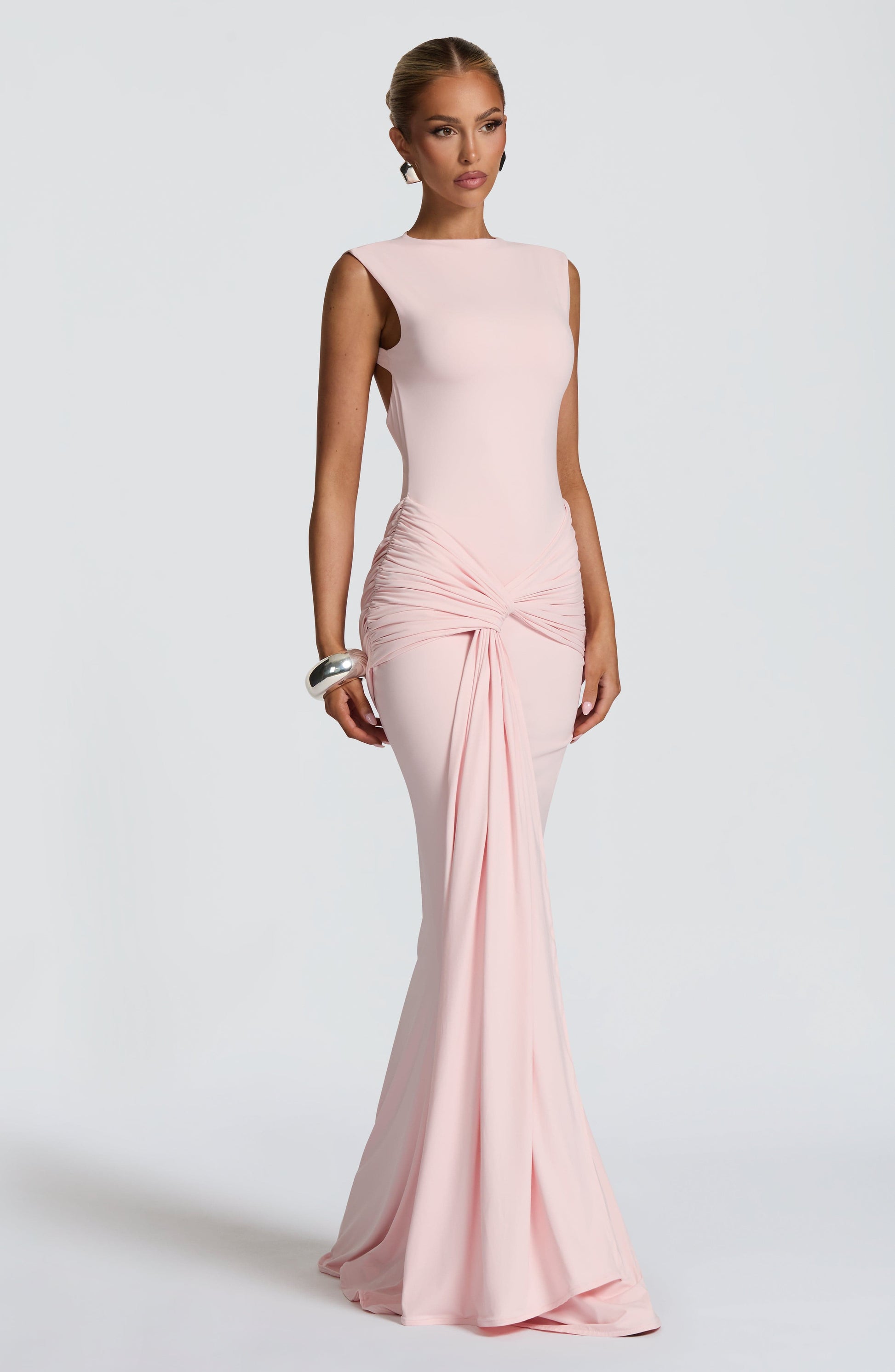 Women ruched maxi dress, detail close-up