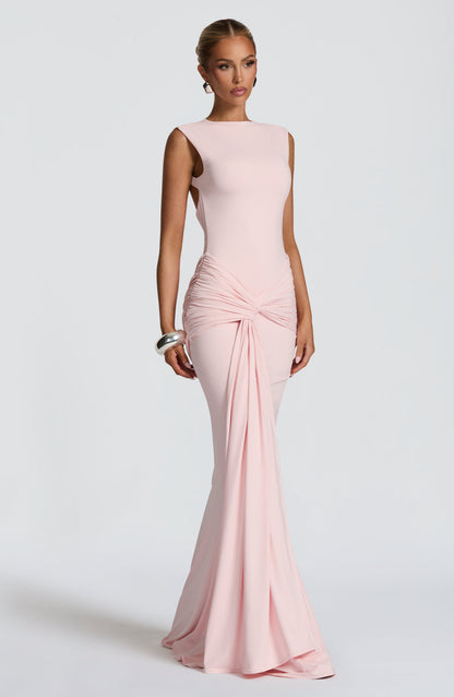Women ruched maxi dress, detail close-up