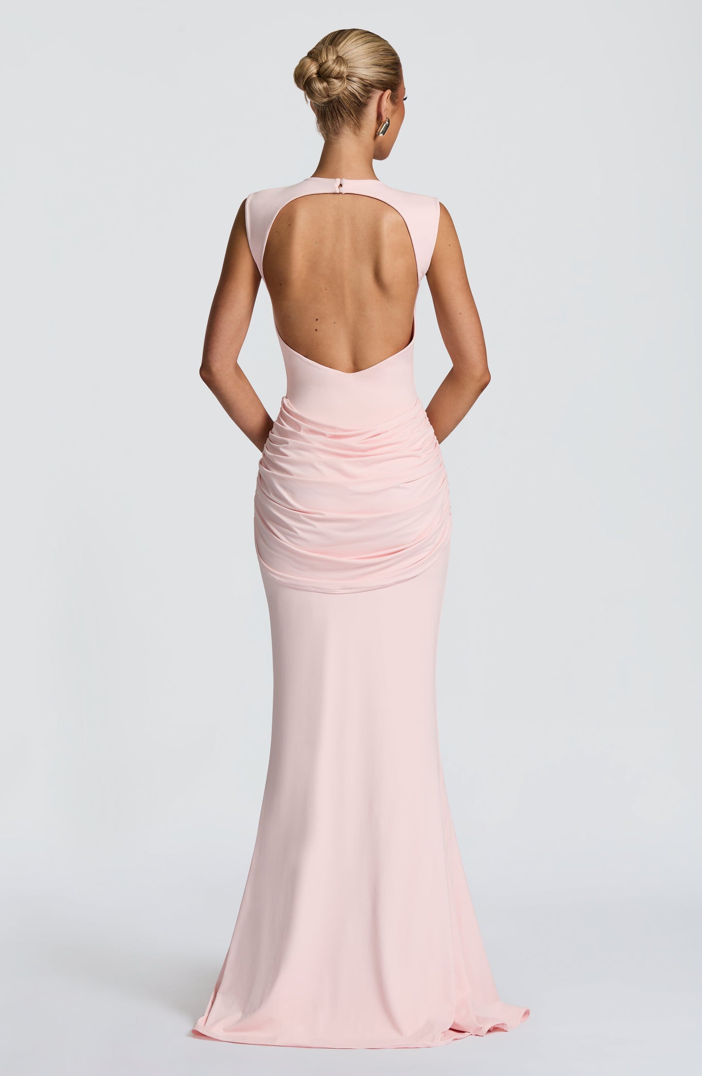 Women ruched maxi dress, back view