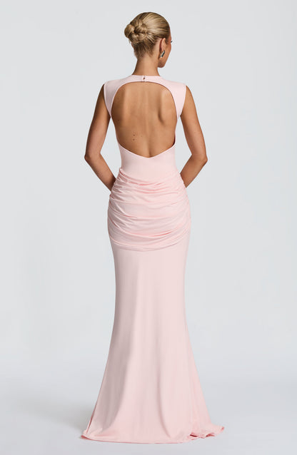 Women ruched maxi dress, back view