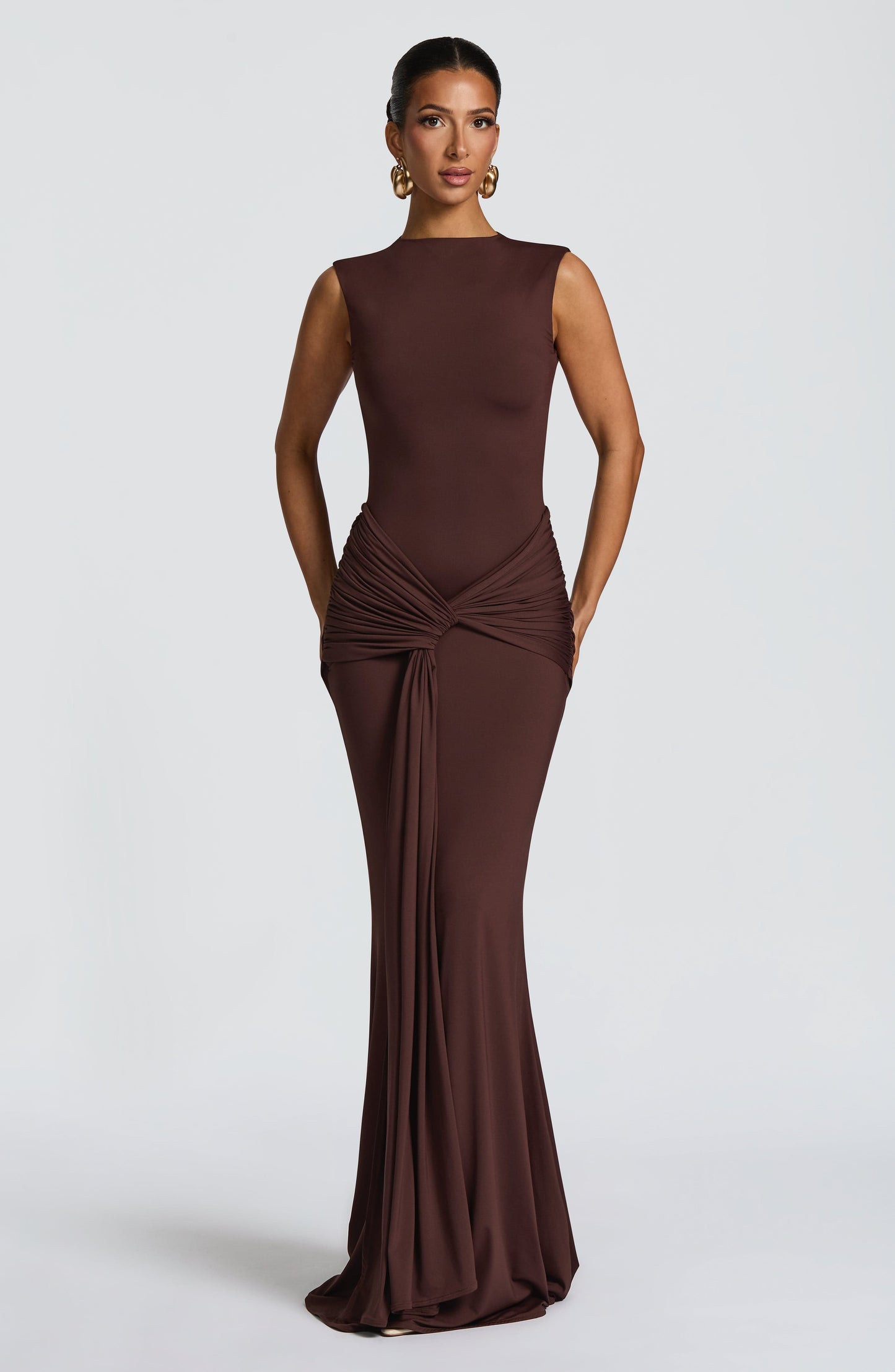 Women ruched maxi dress, front view