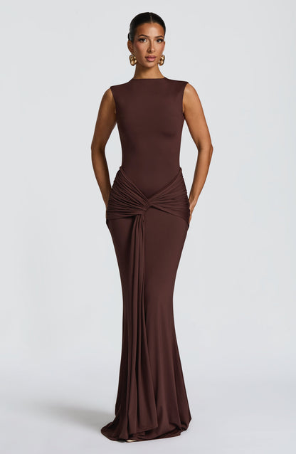 Women ruched maxi dress, front view