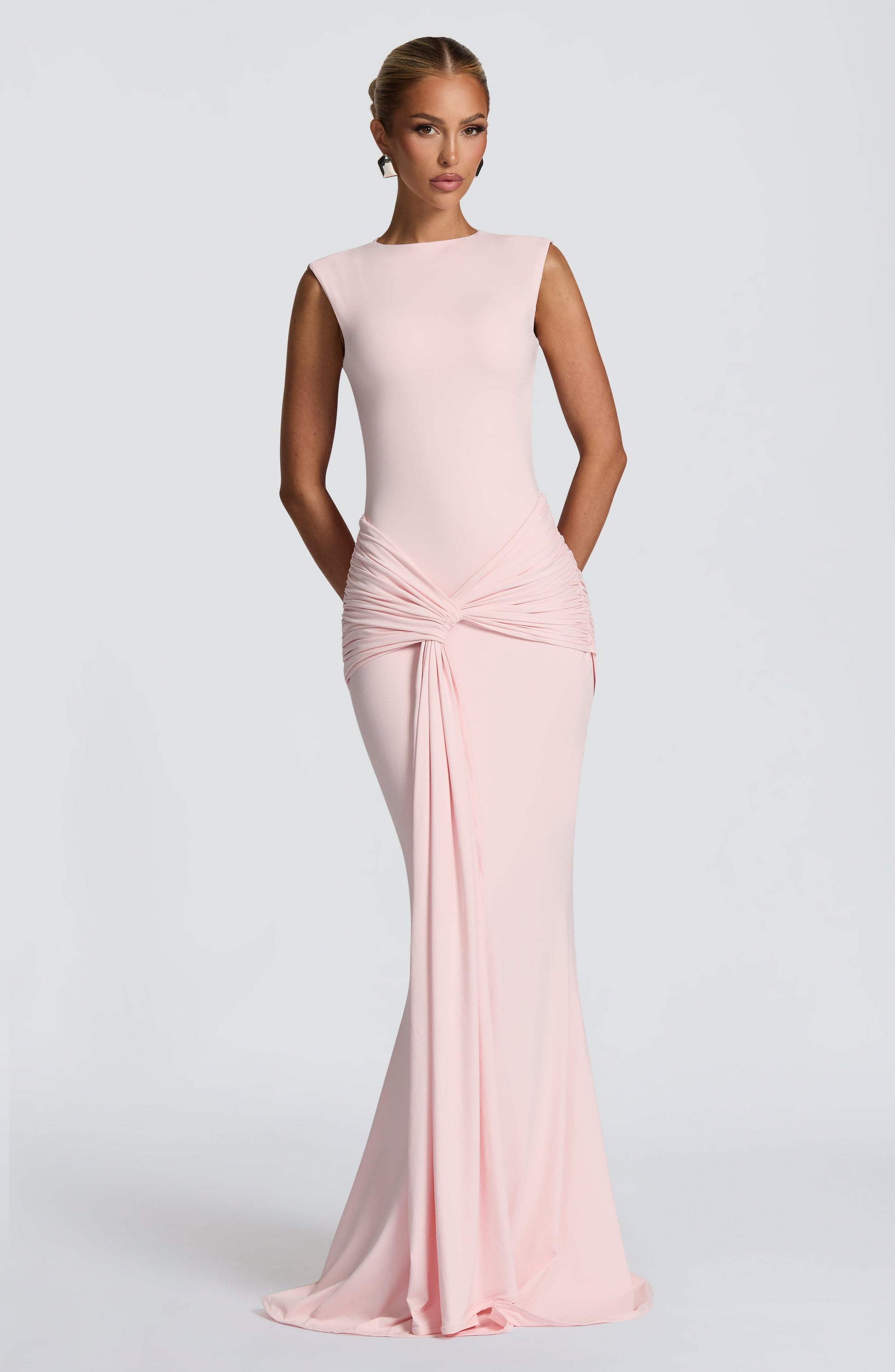 Women ruched maxi dress, front view