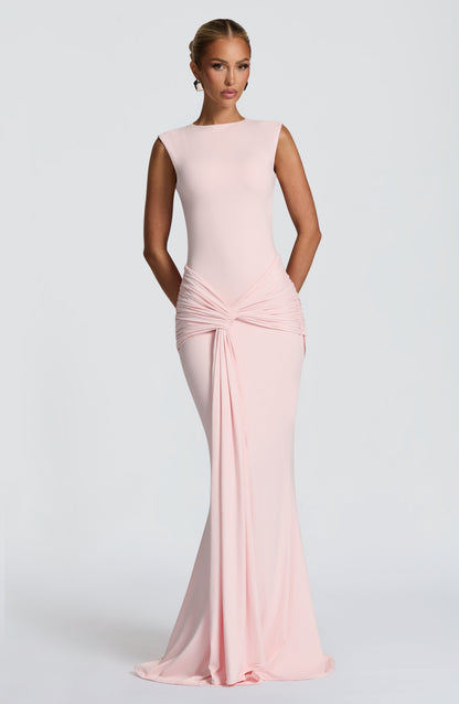 Women ruched maxi dress, front view