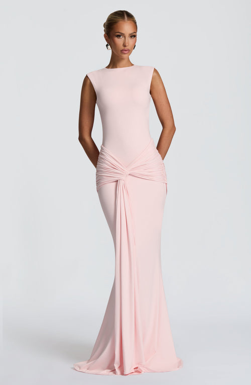 Women ruched maxi dress, front view