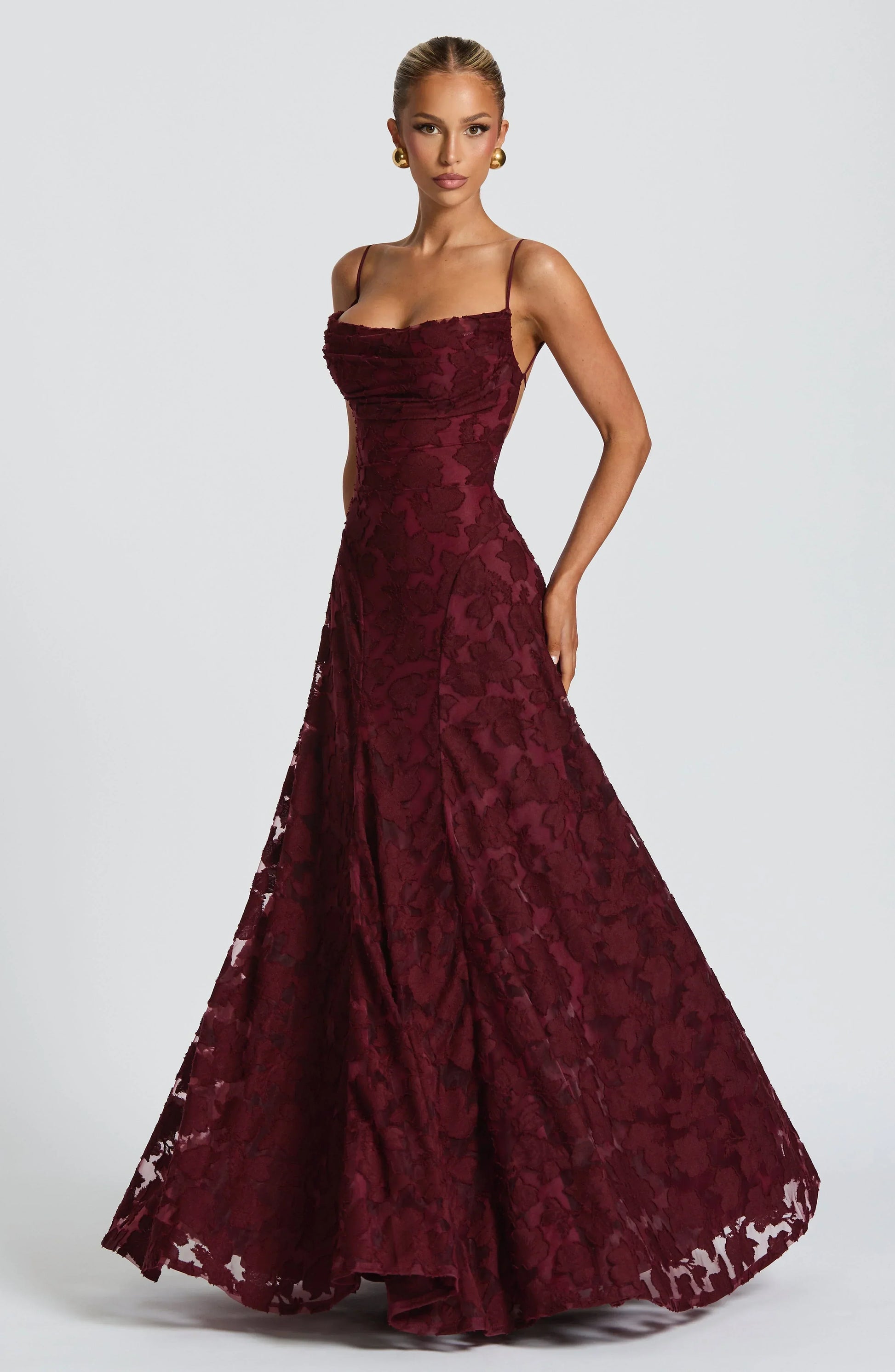 Women cowl maxi dress, side view
