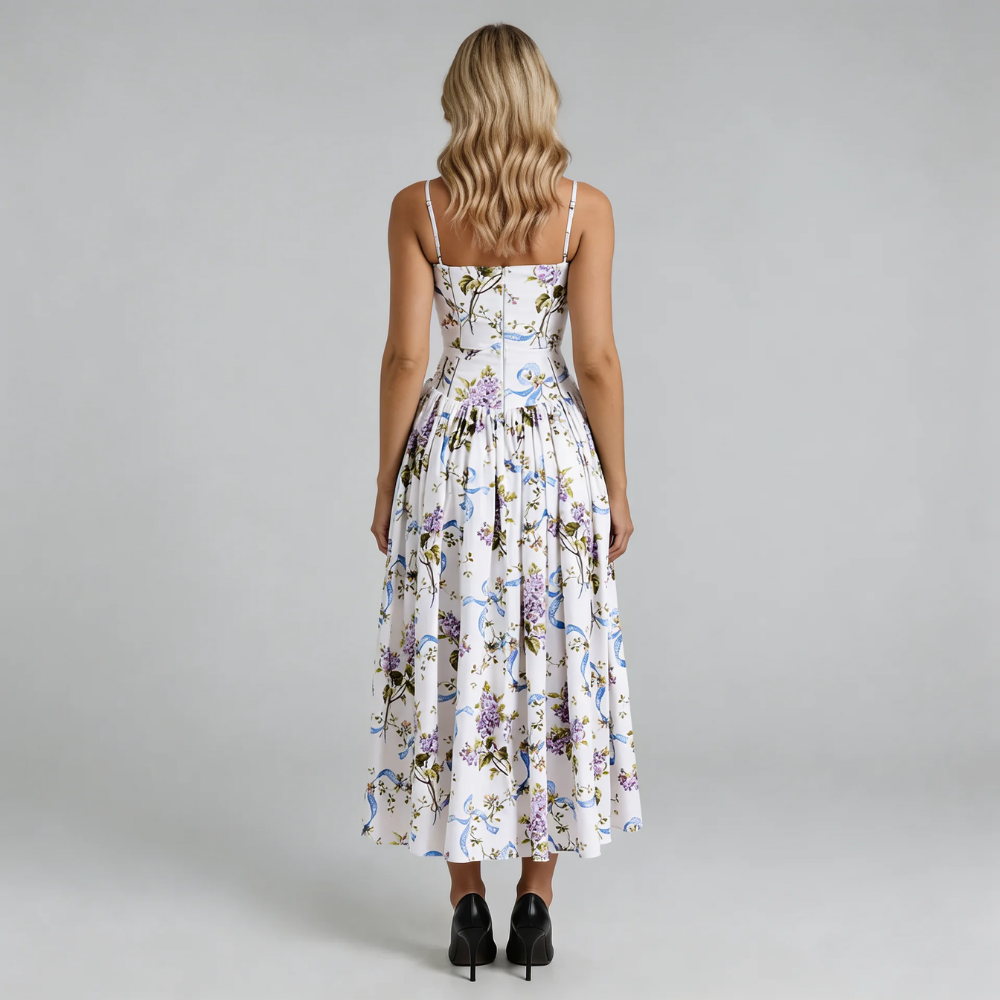 Purple floral corset midi dress — back view showing zip closure and flowy skirt.