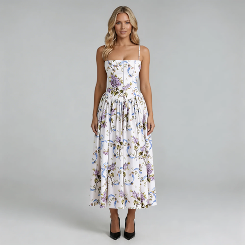 Purple floral corset midi dress with adjustable straps — front view showcasing square neckline and gathered skirt.