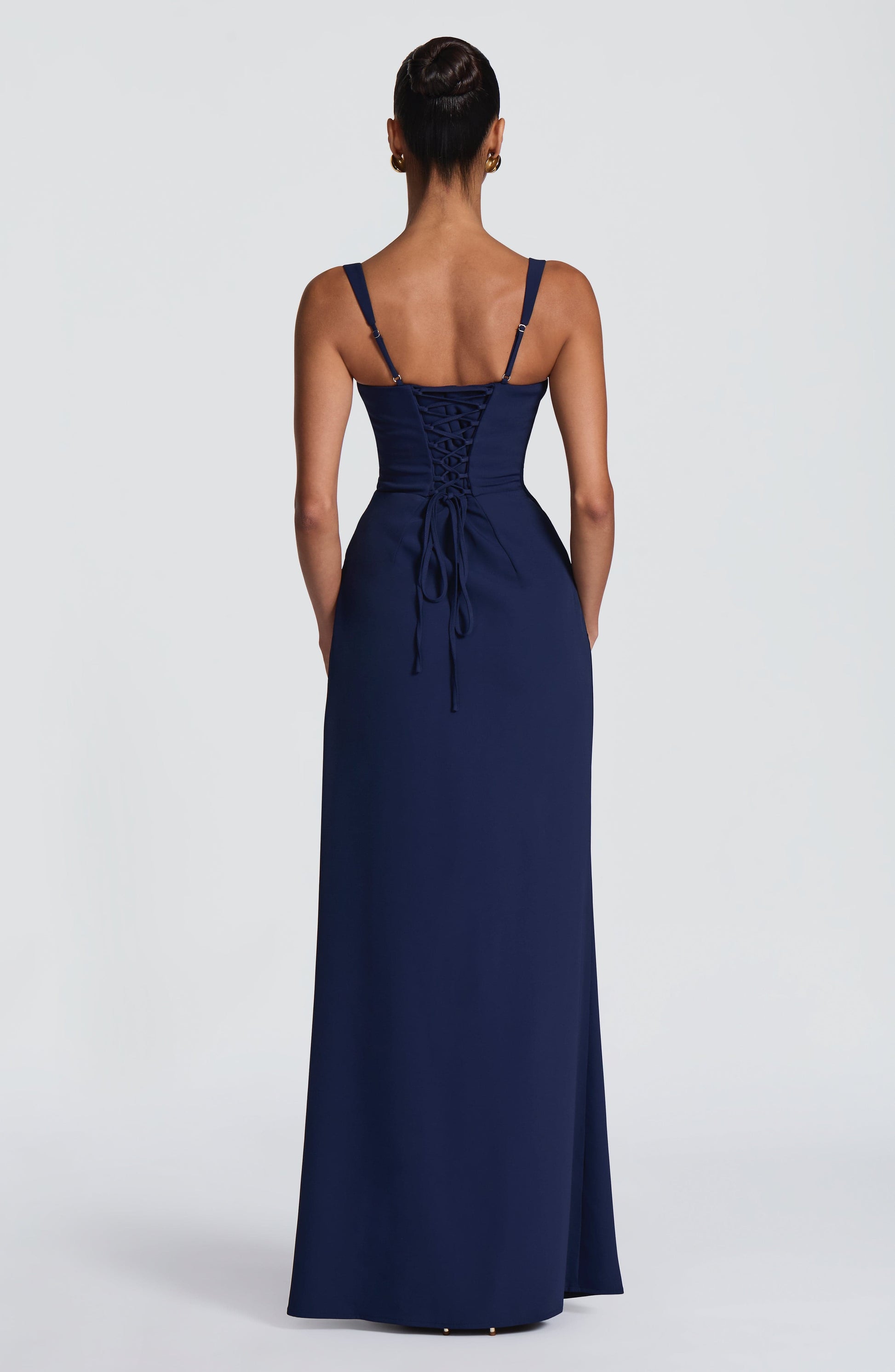 Women navy square neck maxi dress, back view