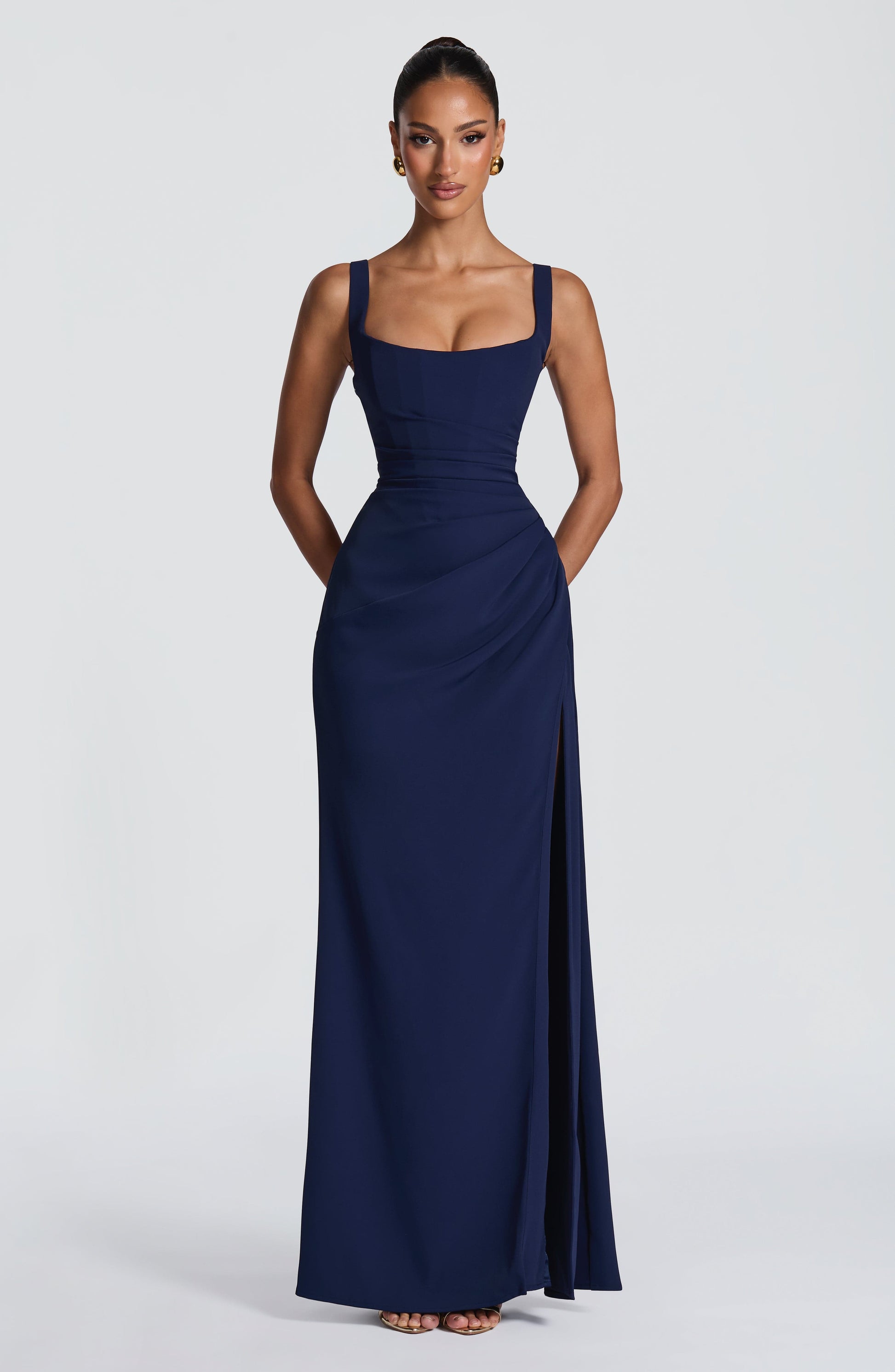 Women navy square neck maxi dress, detail close-up