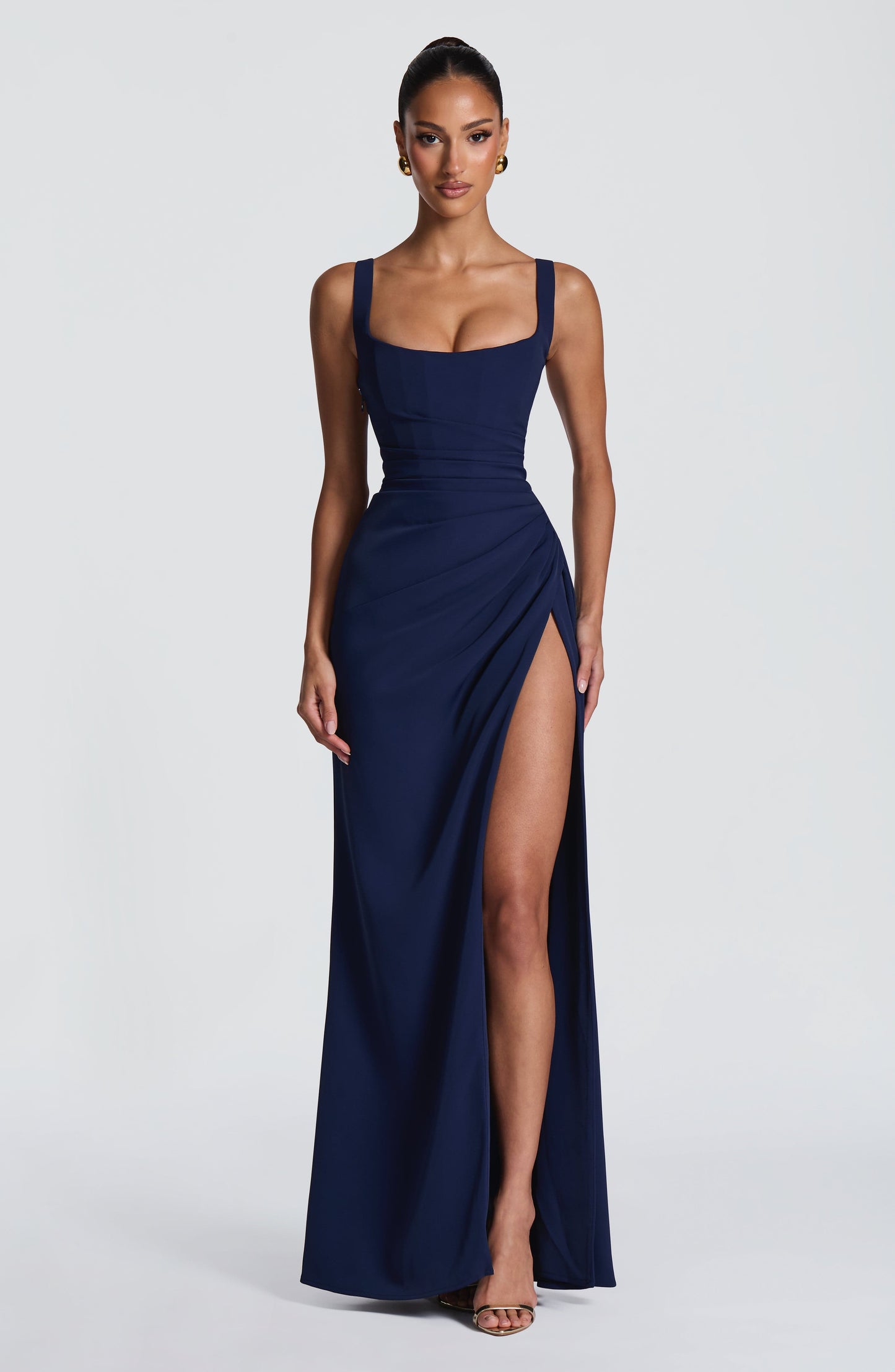 Women navy square neck maxi dress, back view