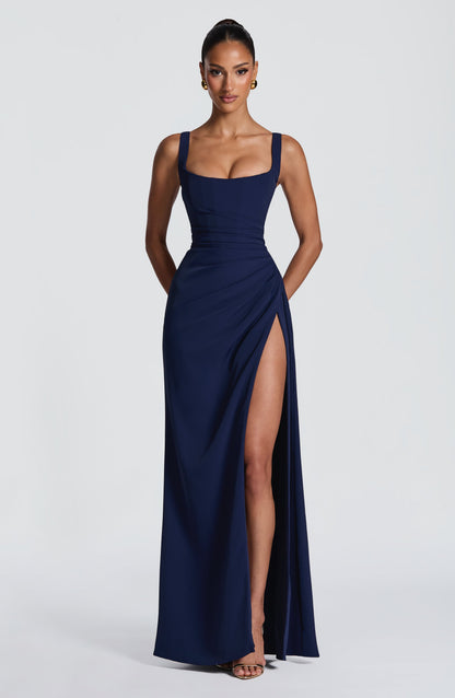 Women navy square neck maxi dress, front view