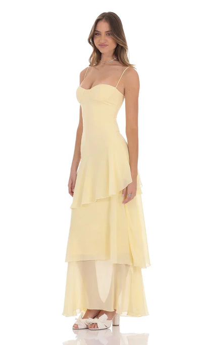 Women yellow maxi dress, side view