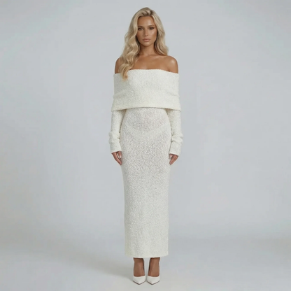 White bouclé off-shoulder maxi dress with long sleeves — front view showcasing draped neckline.