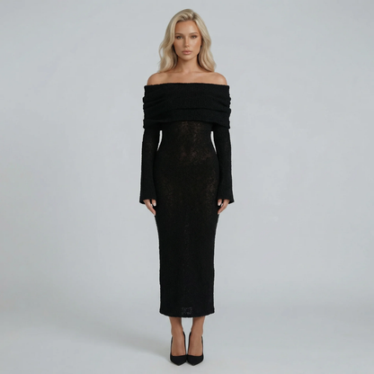 Black bouclé off-shoulder maxi dress — front view highlighting figure-hugging fit and textured detail.