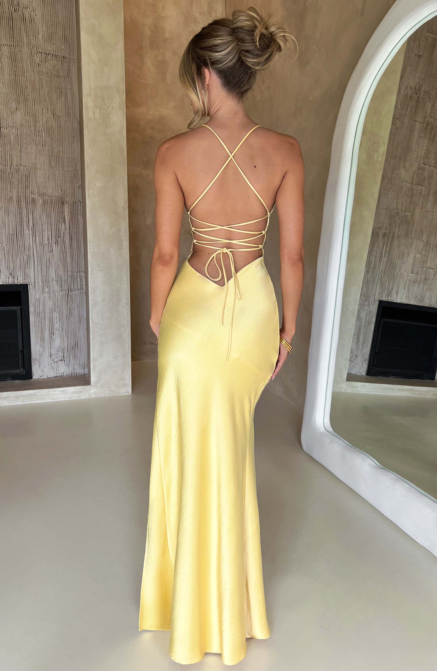 Women v neck maxi dress, back view