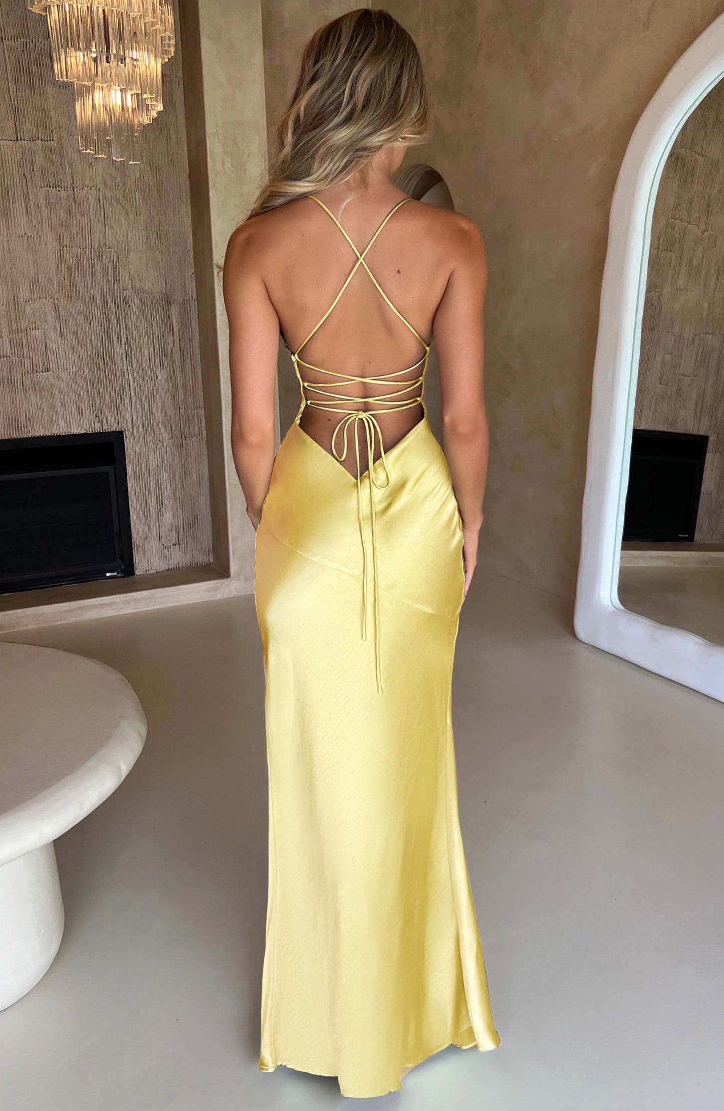 Women v neck maxi dress, back view