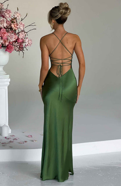 Women v neck maxi dress, back view