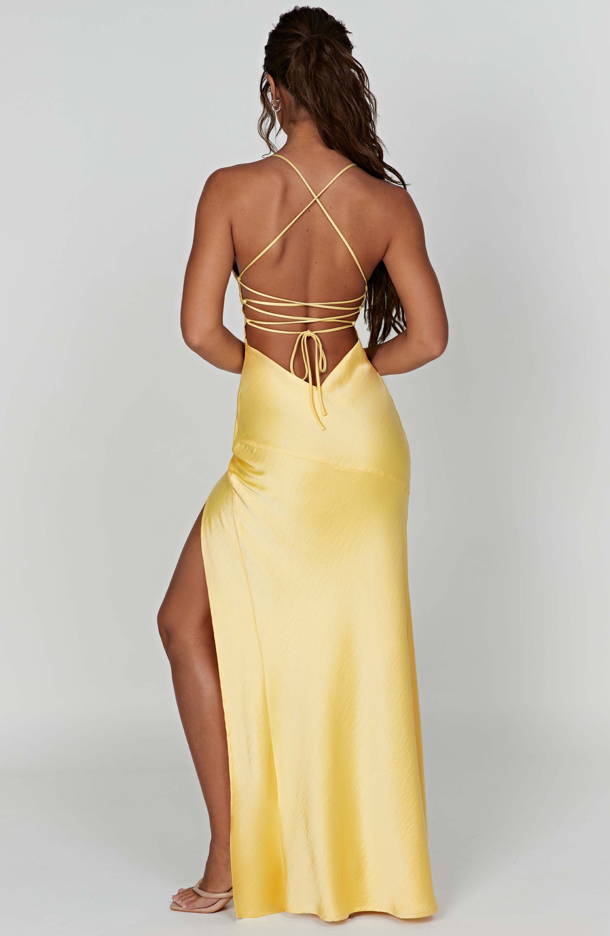 Women v neck maxi dress, side view