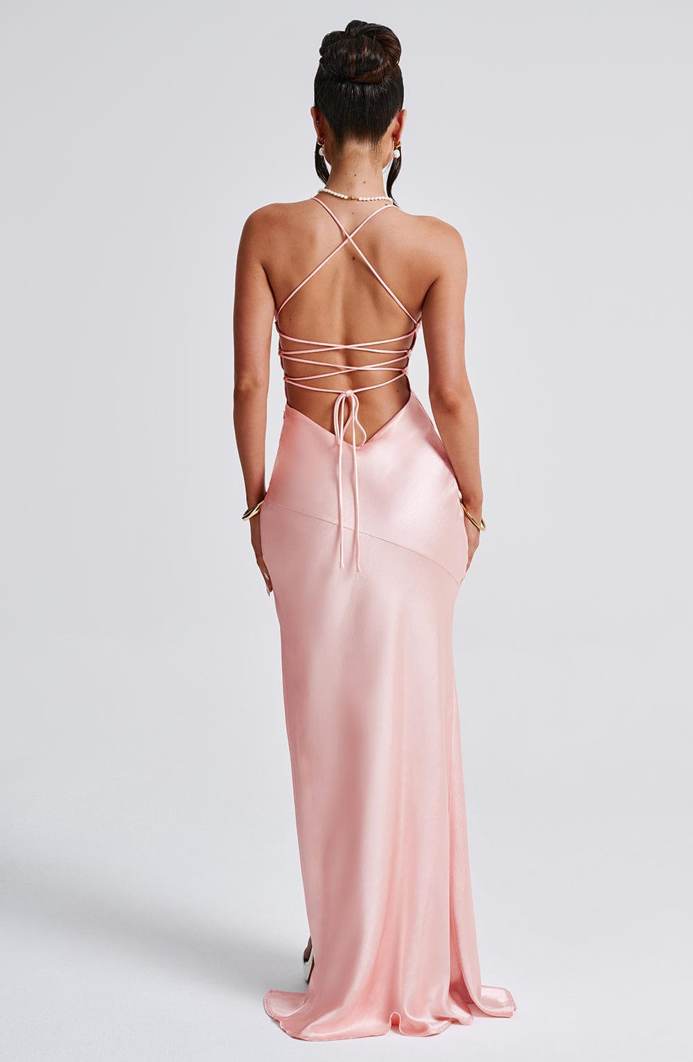 Women v neck maxi dress, back view