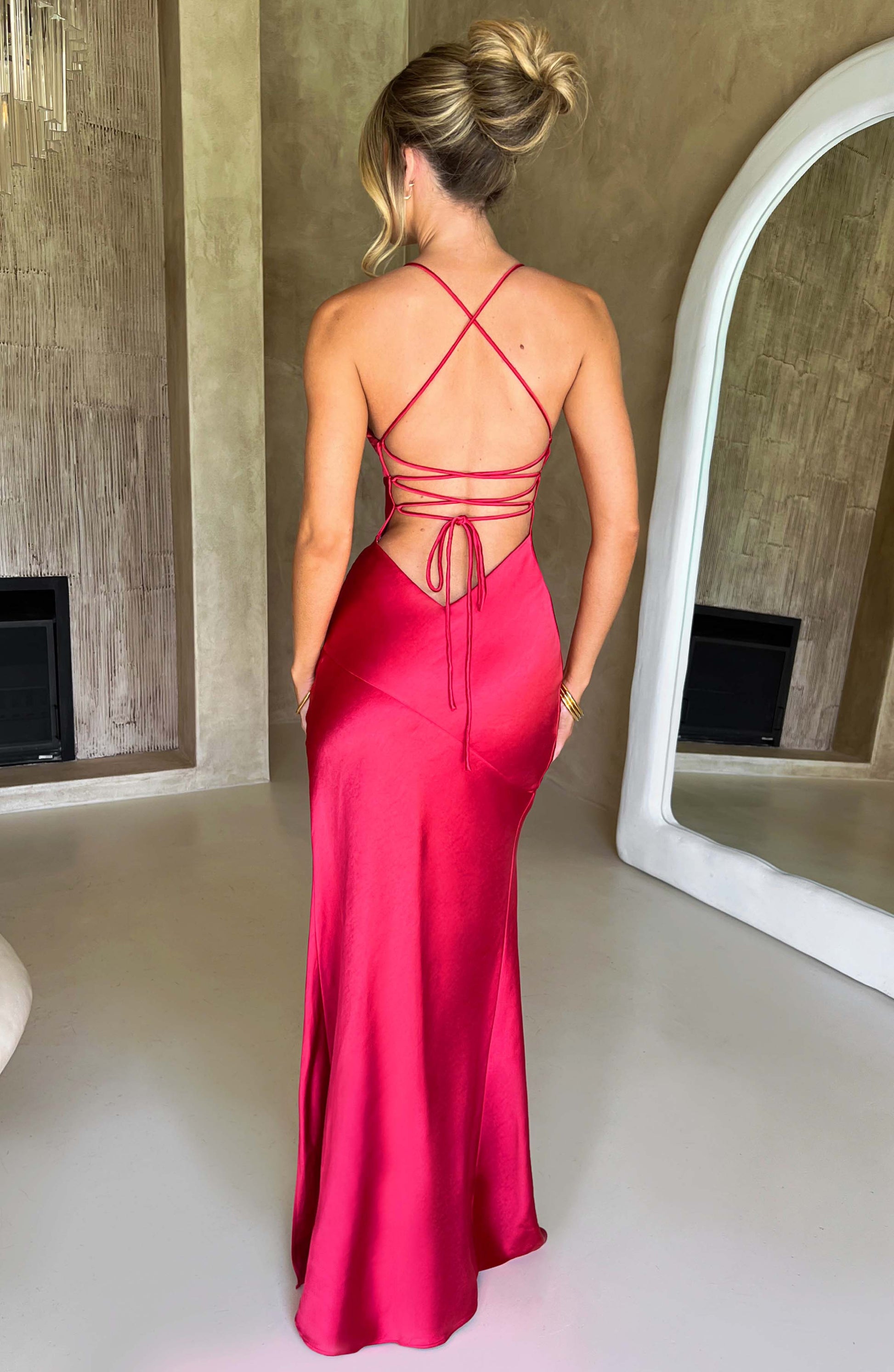 Women red v neck maxi dress, front view