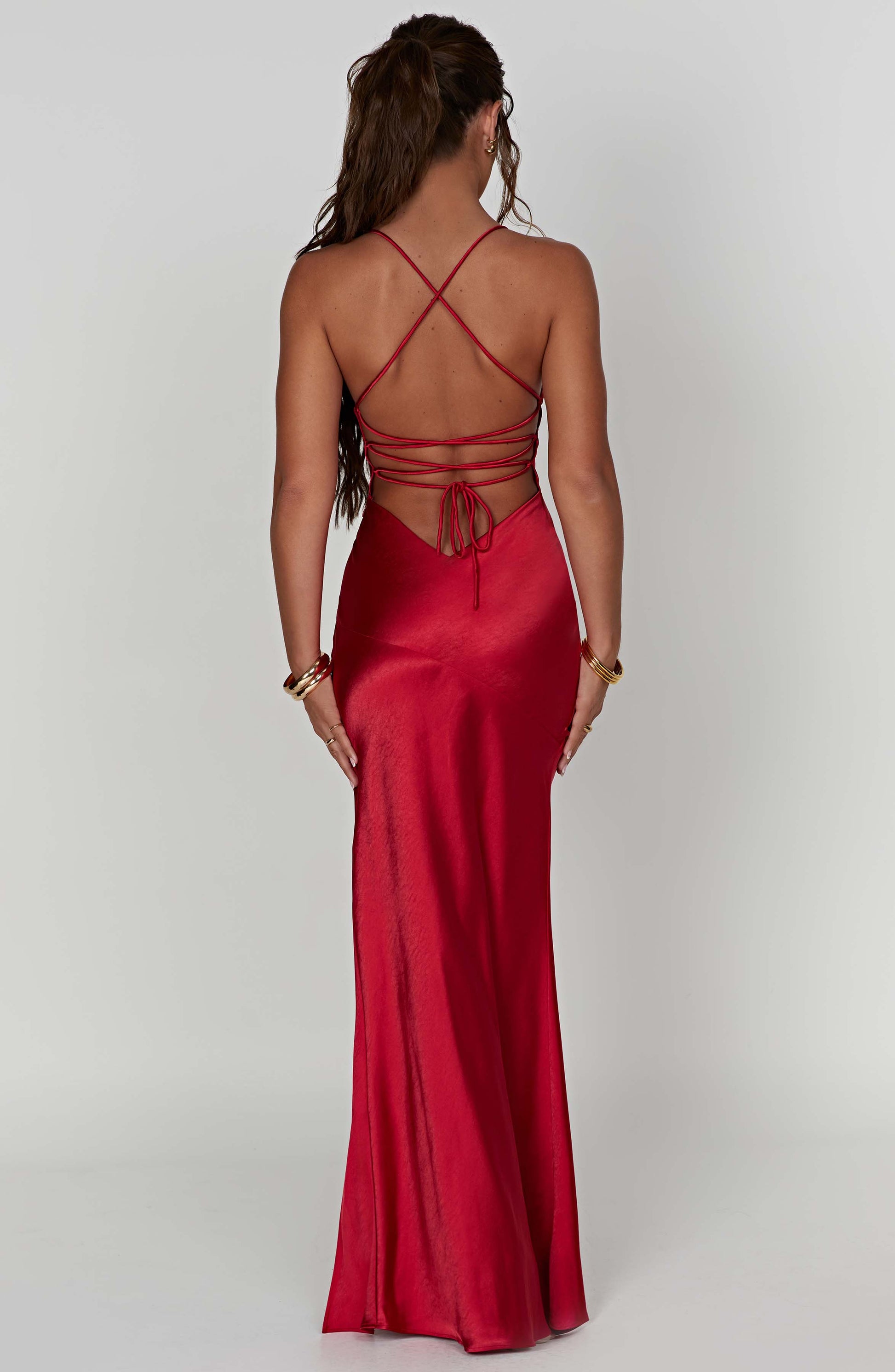 Women red v neck maxi dress, back view