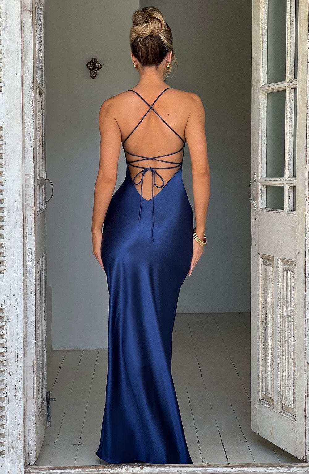 Women navy v neck maxi dress, back view