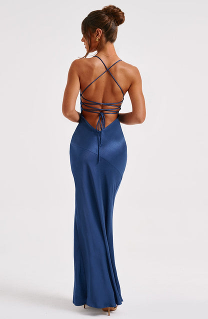 Women navy v neck maxi dress, back view