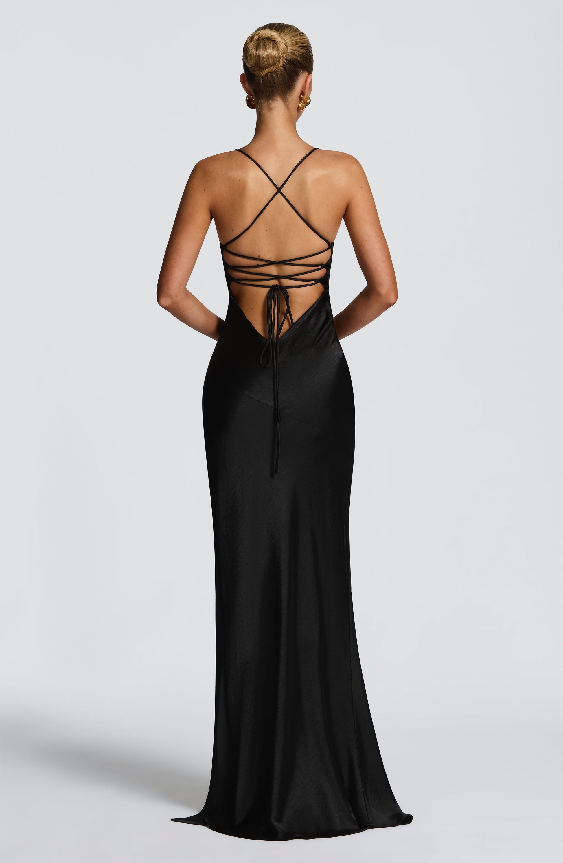 Women black v neck maxi dress, back view