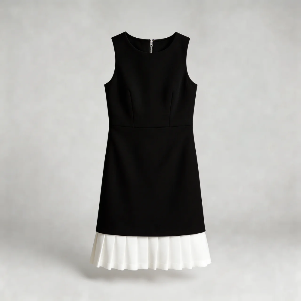 Black and white mini dress with pleated hem — flat-lay shot showing monochrome design details.