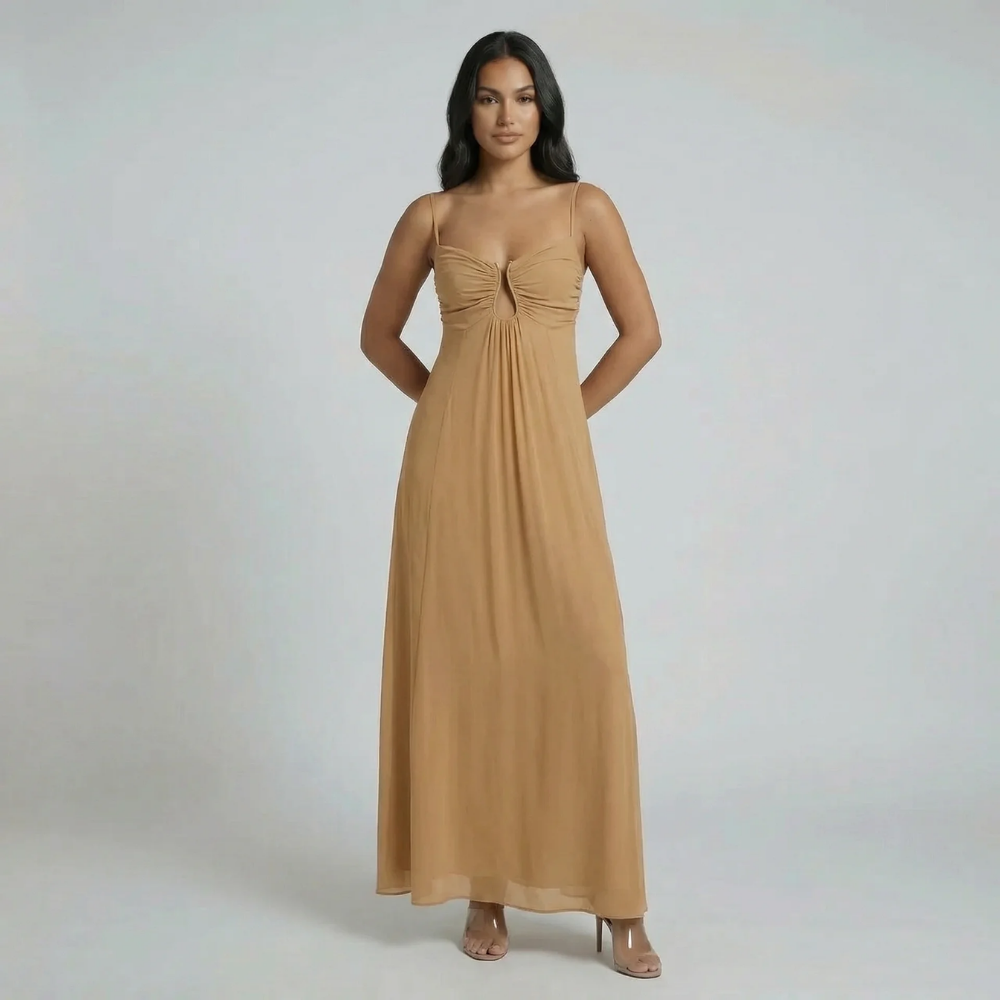 Tan ruched keyhole maxi dress with spaghetti straps — front view on model.