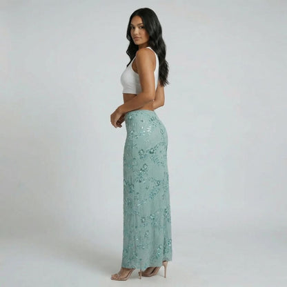 Mint floral sequin maxi skirt with intricate beaded design — side view.