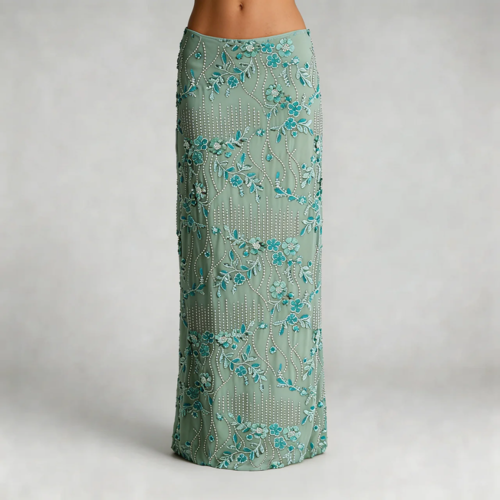 Mint floral sequin maxi skirt — detailed close-up showing floral beadwork.