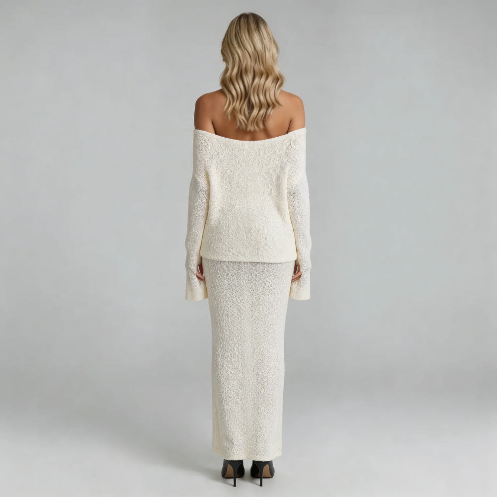 Ivory boucle off-shoulder maxi dress — back view showcasing off-shoulder neckline and floor-length fit.