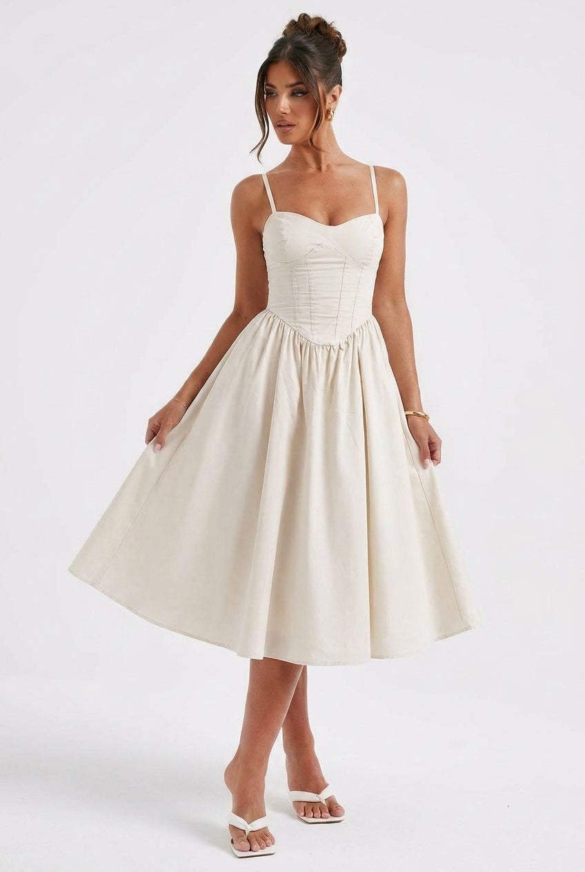 Women ivory corset midi dress, side view